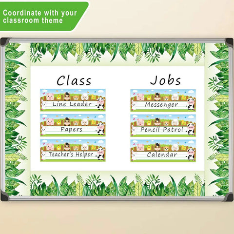 Whiteboard with farm animal desk name plates for kids, back to school classroom decor, 36 pack, bright cardstock, 3.25 x 9.5 inches.
