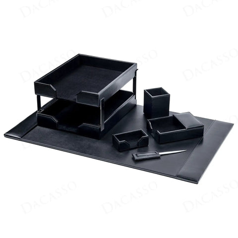 Black Bonded Leather 8-Piece Desk Accessory Set For Organization And Executive Decor Including Luxe Blotter, Letter Tray