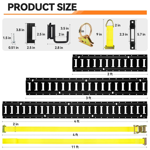 Built Tough E Track Tie Down Rail Kit 88 Piece Set product sizes with rails and straps for garages vans trailers motorcycles