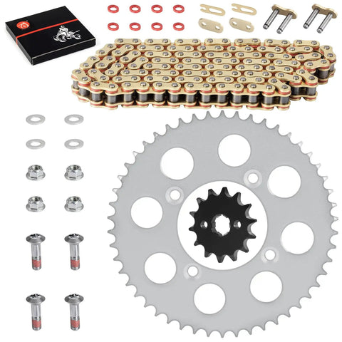 Drive Sprocket And Chain Kit With Bolts 428VM X Ring 118 Links For XR100R 1985 2003 And CRF100F 2004 2013 laid out