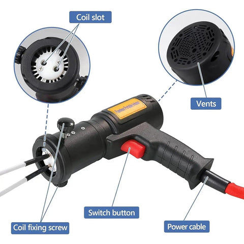 Heavy Duty Induction Bolt Heater Tool With 1500W Flameless Power showing coil slot, switch button, and vents for precision use.