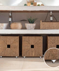 Heavy Duty Rigid Caster Wheels And Mounting Screws, 12 Pack Brown One Inch Furniture Casters on woven storage cubes.
