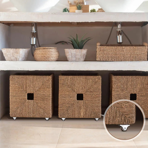 Heavy Duty Rigid Caster Wheels And Mounting Screws, 12 Pack Brown One Inch Furniture Casters on woven storage cubes.