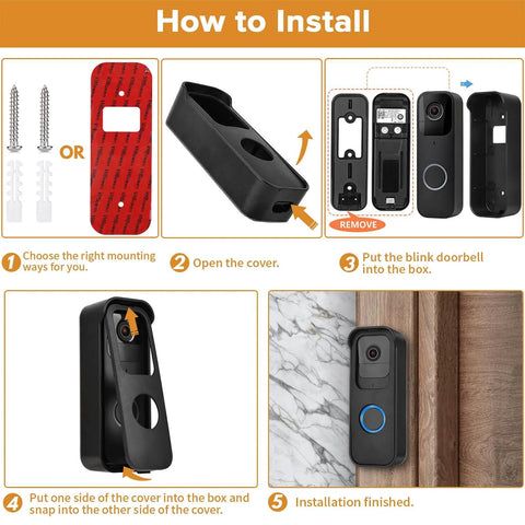 Installation steps for No Drill Stick-On Door Mount For 1st Gen Video Doorbell showing adhesive bracket and protective cover.