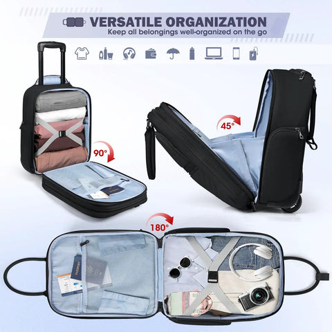 Open view of Underseat Carry On Luggage With Wheels 16-Inch Softside Rolling Bag Airline Approved Lightweight Durable Overnight Travel Bag For Women And Men Black Go-To Everyday Use, showing compartments and content organization.