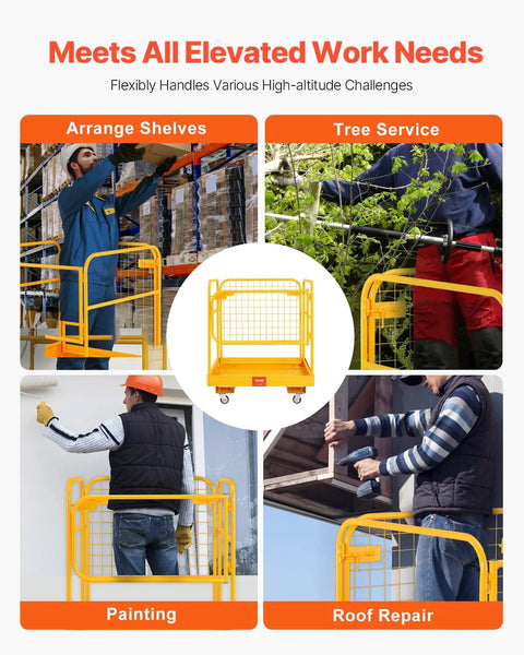 VEVOR forklift man basket safety cage, yellow 36 x 36 in steel platform with wheels for aerial work