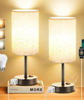 Set Of 2 Bedside Table Lamps For Bedroom And Living Room With 3 Way Dimmable Rocker Switch And Built In AC Outlet Flaxen Fabric Shade Black Base Nightstand And Desk Lamp For Cozy Home Decor featuring flaxen fabric shades, black bases, and AC outlets with electronic devices charging.