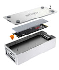 Fast Usb4 To Nvme Enclosure Syncing Thunderbolt 5 assembly, machined aluminum shell with NVMe drive and cooling components shown.