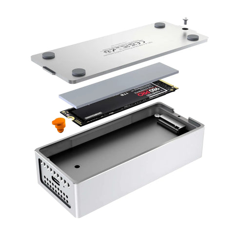 Fast Usb4 To Nvme Enclosure Syncing Thunderbolt 5 assembly, machined aluminum shell with NVMe drive and cooling components shown.