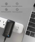 12V 2A Power Adapter For LED Strips And Small Electronics AC To DC Wall Plug With 2.1mm By 5.5mm Connector 8 Foot Cord connected to power strip