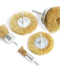 FPPO 5-piece brass wire wheel brush set for drills; 1/4 in shank, crimped cup brushes with true brass wire.