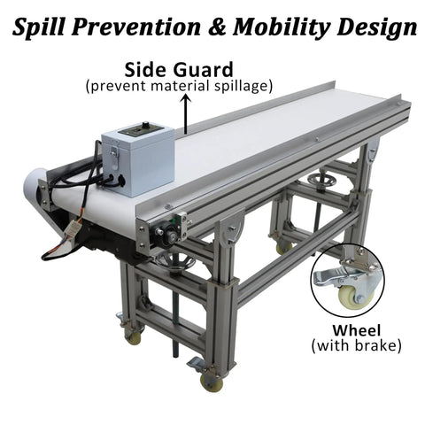 Beefy PU Belt Conveyor With Aluminum Frame 59 Inch Length And 11.8 Inch Width featuring side guard and mobility wheels