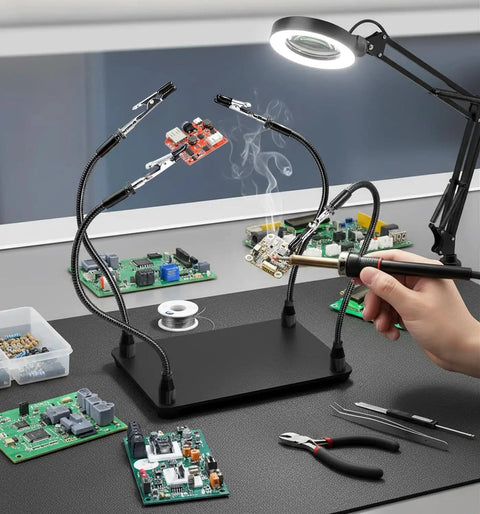 Helping Hands Soldering Station With Four Flexible Arms And Clamps, Pro Grade Heavy Duty Steel Base in use for PCB repair