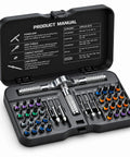 Magnetic 40 In 1 Screwdriver Set With Ratchet And T Handle open case showing assorted S2 steel bits for assembly and repair.