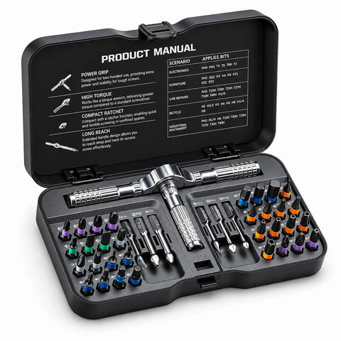 Magnetic 40 In 1 Screwdriver Set With Ratchet And T Handle open case showing assorted S2 steel bits for assembly and repair.