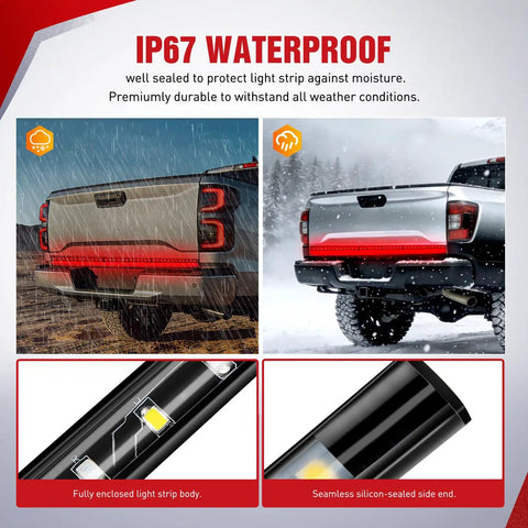 49 Inch LED Tailgate Light Strip With 90 LEDs In Red And White For Running Lights, IP67 Waterproof, truck mounted