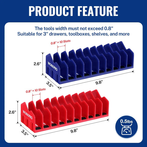 Product feature of two pack pliers organizer rack with no slip rubber base 20 slot tool box organizer for drawers and cabinets.