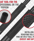Close-up of Four Piece Roll Pin Punch Set With Free Pivot Pin for auto, watch, jewelry, and craft projects highlighting grip texture.