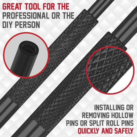 Close-up of Four Piece Roll Pin Punch Set With Free Pivot Pin for auto, watch, jewelry, and craft projects highlighting grip texture.