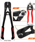 Pro Grade Wire Rope Crimper Tool Kit with Steel Cable Cutter, features swaging tool, crimping cavities, cutter dimensions.