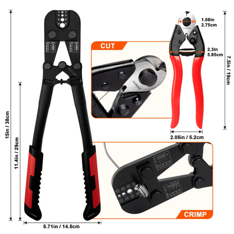Pro Grade Wire Rope Crimper Tool Kit with Steel Cable Cutter, features swaging tool, crimping cavities, cutter dimensions.