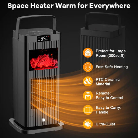 Infrared Sensor Space Heater With Realistic Fireplace Flame Effect 1500W Ceramic Oscillating Heater features and benefits