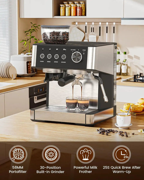 Espresso Machine With Built In Grinder For Home Barista Vibe, 15 Bar Pump, Milk Frother Steam Wand, Removable Water Tank