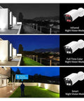 Kickass Outdoor POE IP Security Camera With 8MP 4K Resolution And Smooth H265 Encoding For Crisp Night Vision Plus AI Humanoid Detection And Vandal Proof Metal Build For Zero Hassle Surveillance showing infrared and smart night vision modes.
