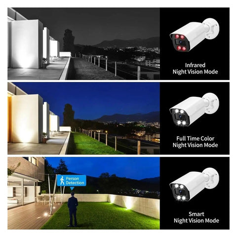 Kickass Outdoor POE IP Security Camera With 8MP 4K Resolution And Smooth H265 Encoding For Crisp Night Vision Plus AI Humanoid Detection And Vandal Proof Metal Build For Zero Hassle Surveillance showing infrared and smart night vision modes.