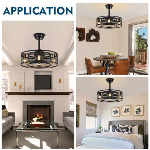 20 Inch Farmhouse Ceiling Fan with Lights Remote Control Black Industrial Cage Style shown in three indoor settings