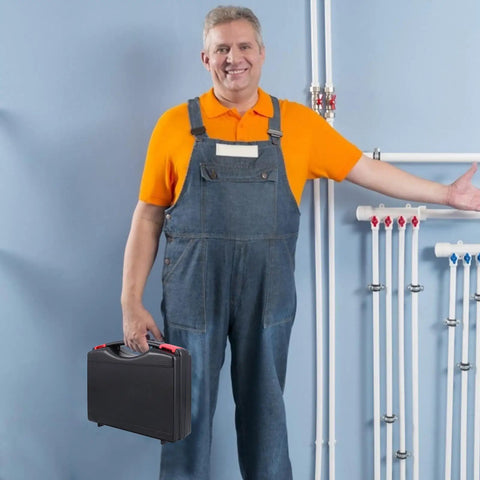 Man holding a Heavy Duty Black Polypropylene Toolbox Organizer With Reinforced Carry Handle And Tight Seal Lids For Sorting Hand Tools Fasteners And Workshop Gear That Is Built Different And Ready For Any Job Site.