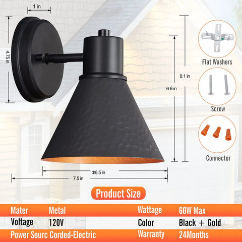 Two Pack Outdoor Wall Sconces With Hammered Metal Shade And Gold Interior, showing product dimensions and features