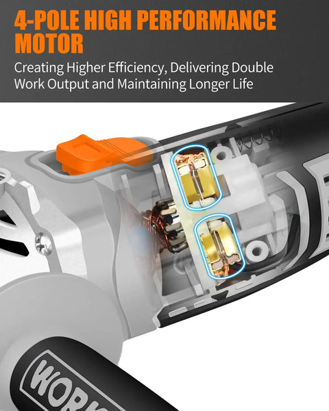 Cordless 4-1/2 Inch Angle Grinder Kit With 9000 RPM 4-Pole Motor, 4.0Ah Battery And Charger Included, Includes Cutting Wheels, Grinding Wheels, Flap Discs, And Adjustable Auxiliary Handle For Smooth Metal, Tile, And Concrete Cutting