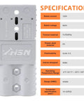 Specifications of 4 Pack 120A Battery Quick Disconnect Connectors With Flush Mount Plates, showing technical details and plug design.