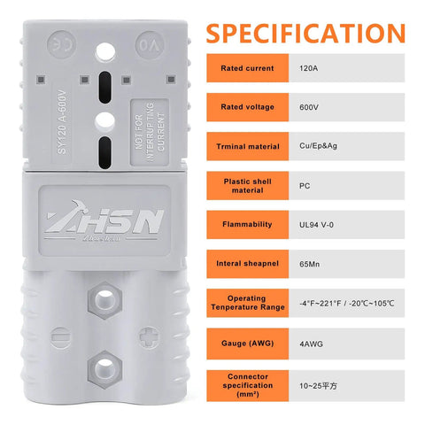 Specifications of 4 Pack 120A Battery Quick Disconnect Connectors With Flush Mount Plates, showing technical details and plug design.