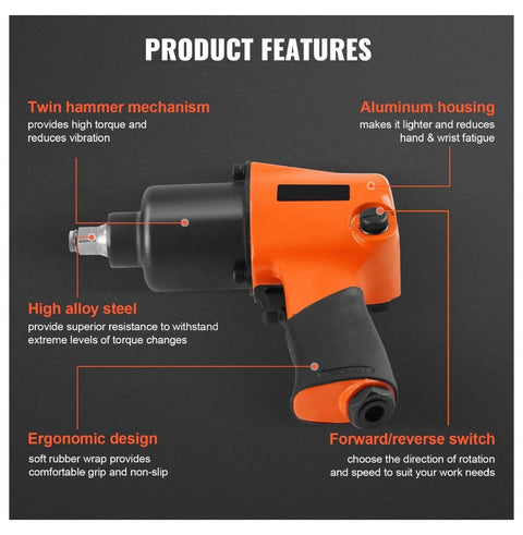 Knuckle Saving Half Inch Air Impact Wrench Generating 880 Ft Lbs Of Raw Torque At 7500 Rpm On An Ultra Light Aluminum Frame showing features.