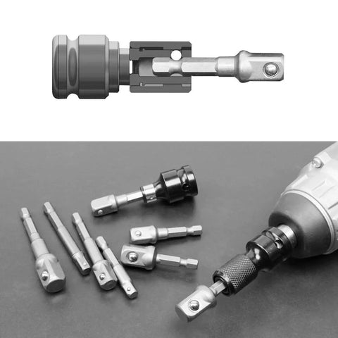 Impact Socket Adapter Set For Drill 1/4 3/8 1/2 Inch, Pro Grade Nut Socket Driver Adapters With Holder And Ratchet Wrench, Converts Any Drill Or Impact Driver Into A Fast Nut Driver For Hex Screws And Lag Bolts on display with impact driver.