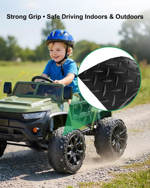 Child driving ride-on car with Real Rubber Tire Upgrade Kit for Power Wheels Kids Ride On Cars on rugged terrain