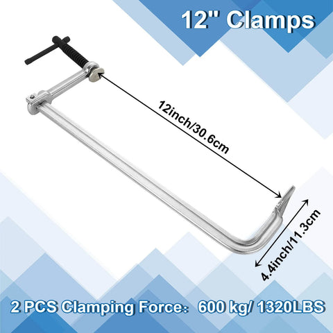 Image of Two Pack 12 Inch F Clamps For Welding Heavy Duty Steel Clamps Set with measurements and clamping force details.