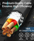 Road Ready Type One J1772 V2L Adapter For Hyundai Kia Genesis EVs With Sixteen Foot Cord Plug And Play On Us Outlets Or Usb Ports, close-up of premium-quality cable with copper strands.