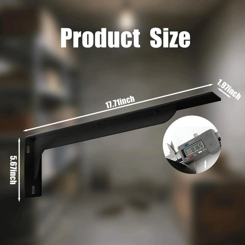 Badass Heavy Duty L Bracket For Floating Shelves, 17 Inch wall mount support in matte black, showing product size measurements.