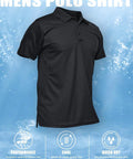 Men's Black Quick-Dry Polo Shirt For Work And Tactical Use displayed with water splash effect background.