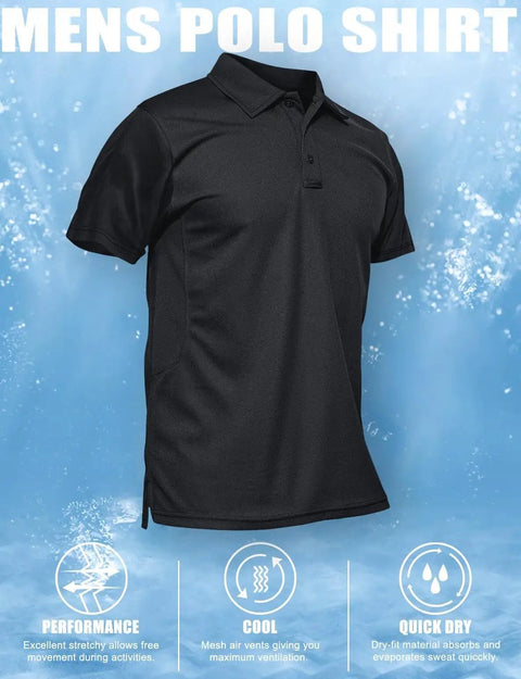 Men's Black Quick-Dry Polo Shirt For Work And Tactical Use displayed with water splash effect background.