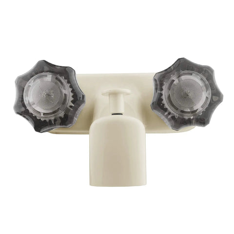 Front view of RV Tub And Shower Faucet Diverter Valve with Smoked Acrylic Knobs, Bisque Parchment Finish, Classic Arc Spout
