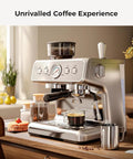 Front view of All In One Espresso Machine With Built In Grinder, 20 Bar Pressure, 58mm Commercial Portafilter, Milk Frother on counter