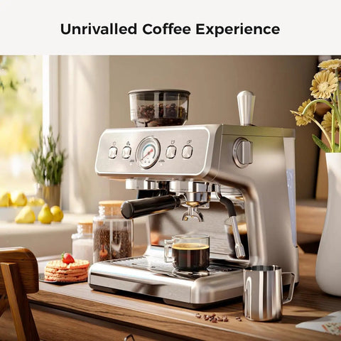 Front view of All In One Espresso Machine With Built In Grinder, 20 Bar Pressure, 58mm Commercial Portafilter, Milk Frother on counter