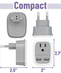 Compact design of Travel Ready European USB Adapter US To Europe Plug 3 In 1 Power Adapter with dimensions and USB ports visible.