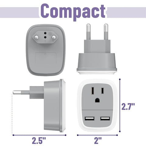 Compact design of Travel Ready European USB Adapter US To Europe Plug 3 In 1 Power Adapter with dimensions and USB ports visible.