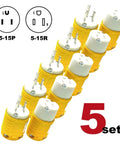 Heavy Duty 5-15P To 5-15R Extension Cord End Kit Plug And Play Replacement Plug And Connector Set in yellow, 5 sets visible