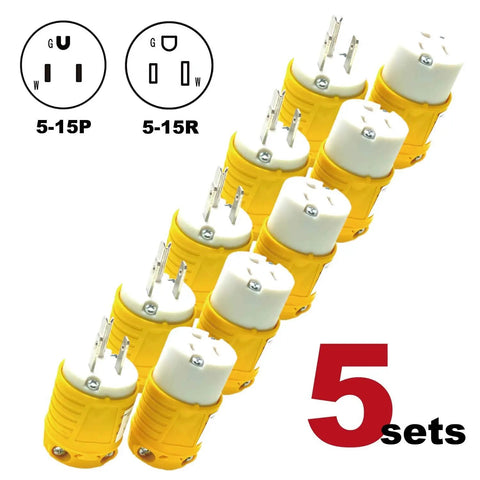 Heavy Duty 5-15P To 5-15R Extension Cord End Kit Plug And Play Replacement Plug And Connector Set in yellow, 5 sets visible